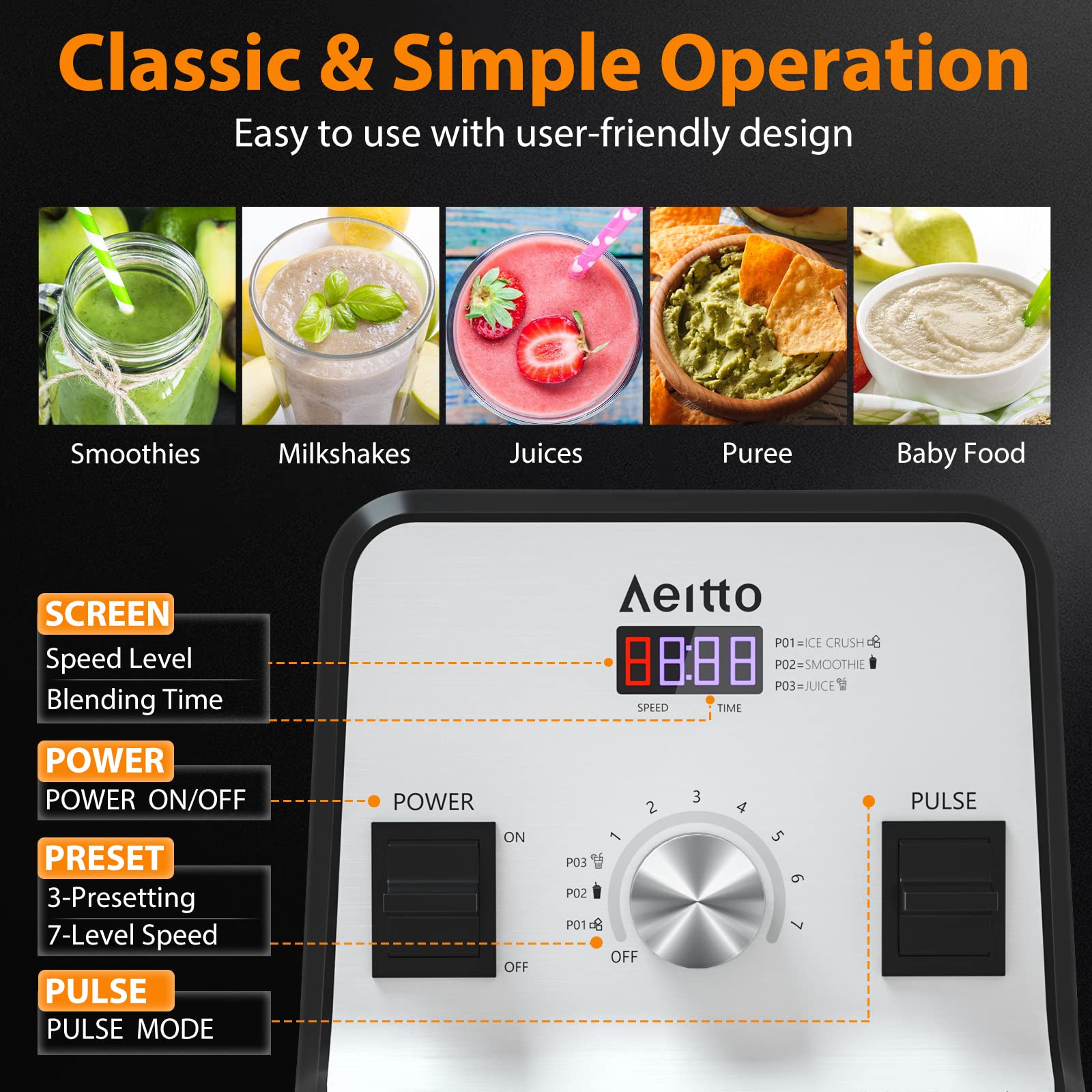 Aeitto Blender 8-point blades slice ice and fruit evenly.