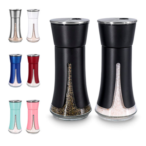 Aelga black salt and pepper shaker with adjustable holes for precise seasoning.