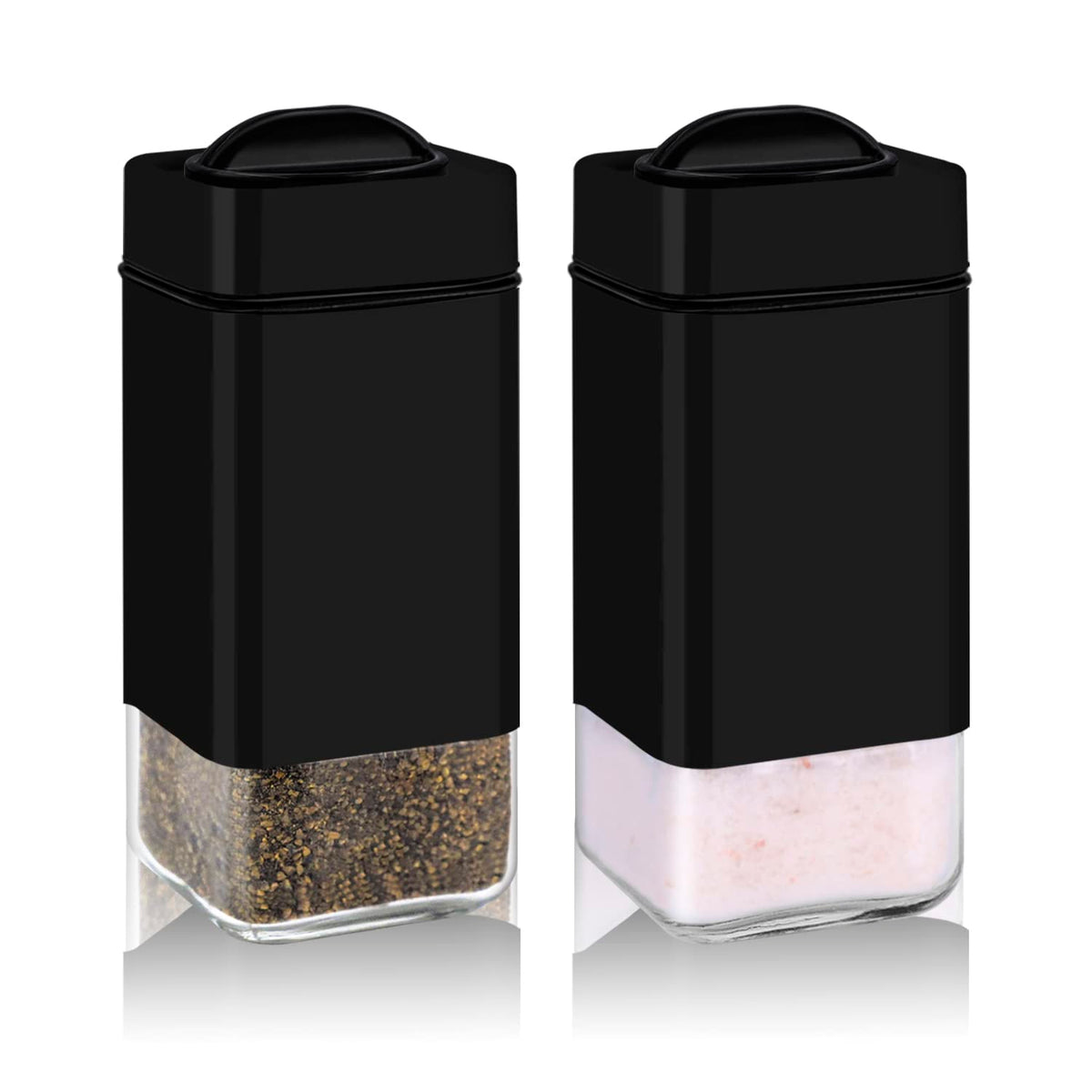 Aelga black salt and pepper shaker front view with sleek stainless steel lid for table use.
