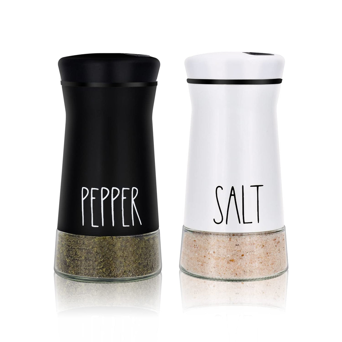 Aelga farmhouse salt and pepper shakers with adjustable holes for precise seasoning.