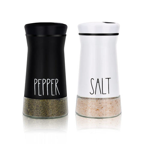Aelga farmhouse salt and pepper shakers with adjustable holes for precise seasoning.
