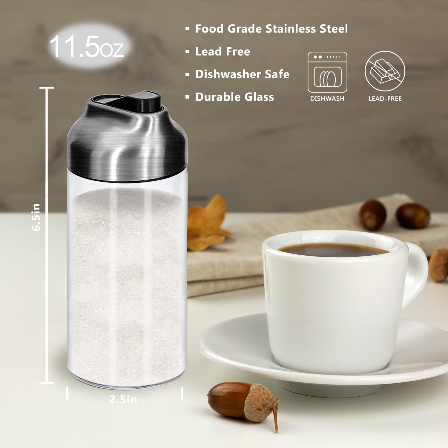 Aelga stainless flip cap keeps sugar dry and odor free.
