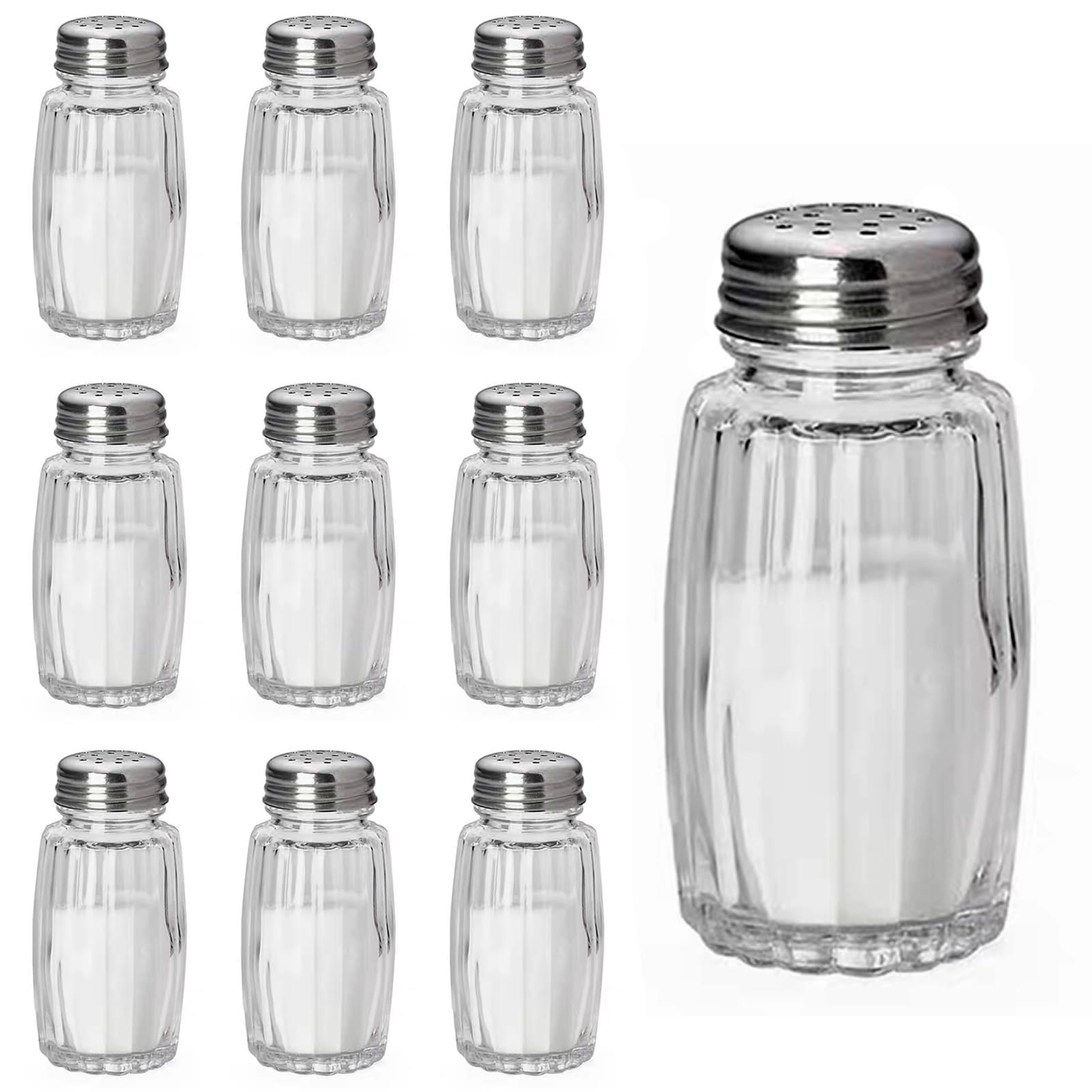 Aellabus 10pc salt and pepper shakers set in clear glass bottles for kitchen organization.