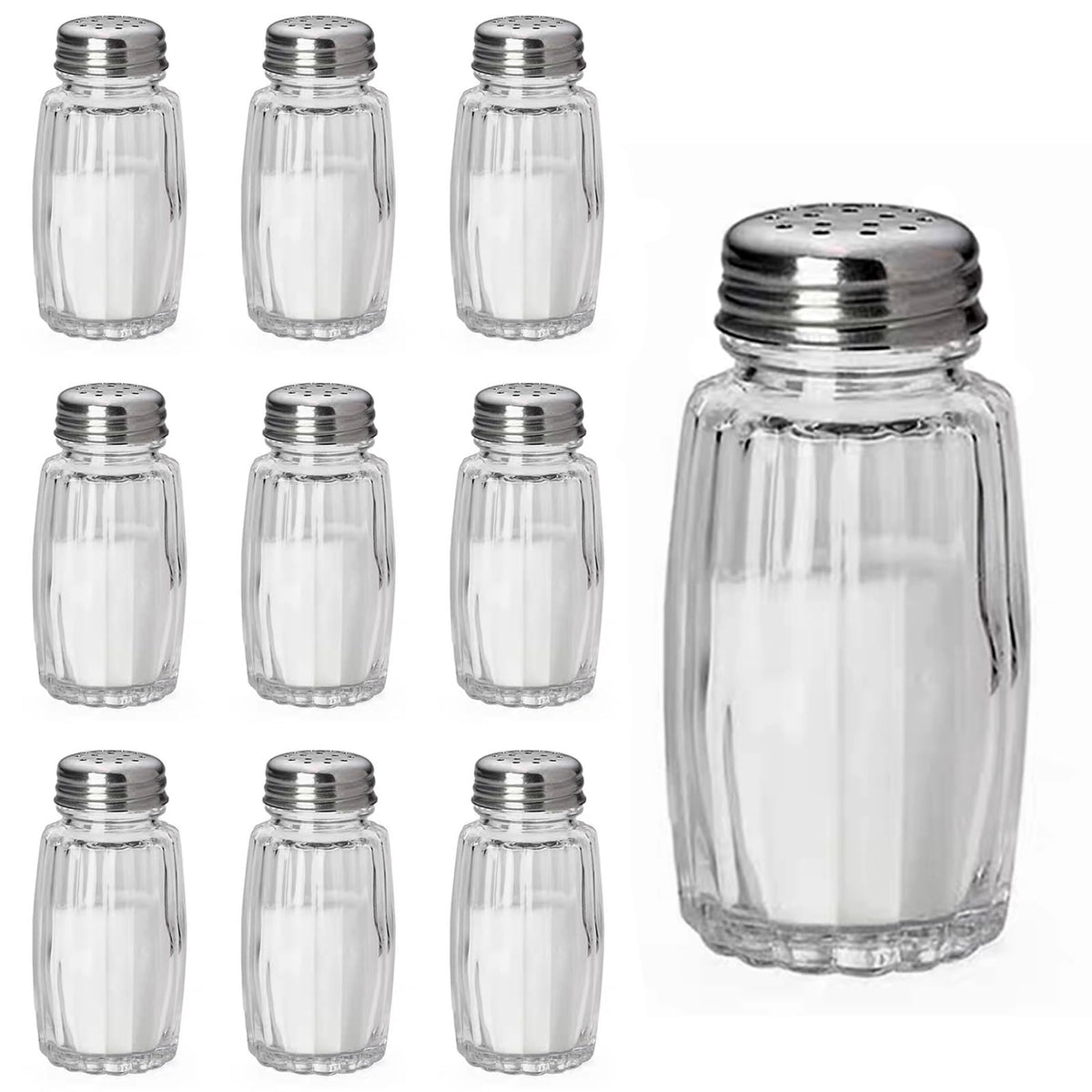Aellabus 10pc salt and pepper shakers set in clear glass bottles for kitchen organization.