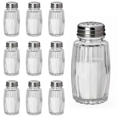 Aellabus 10pc salt and pepper shakers set in clear glass bottles for kitchen organization.