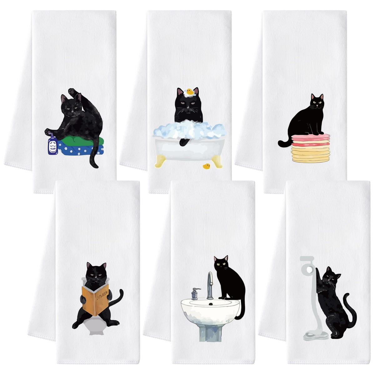 AellasNervalt black-cat towel set enhances bath and kitchen decor with a playful print