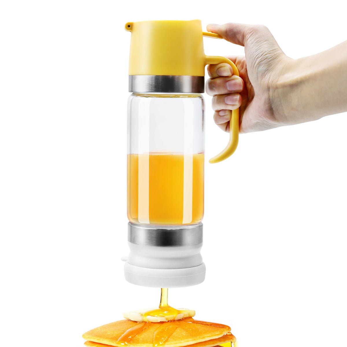 aeloer glass honey dispenser on stand with drip-free pour for clean counters