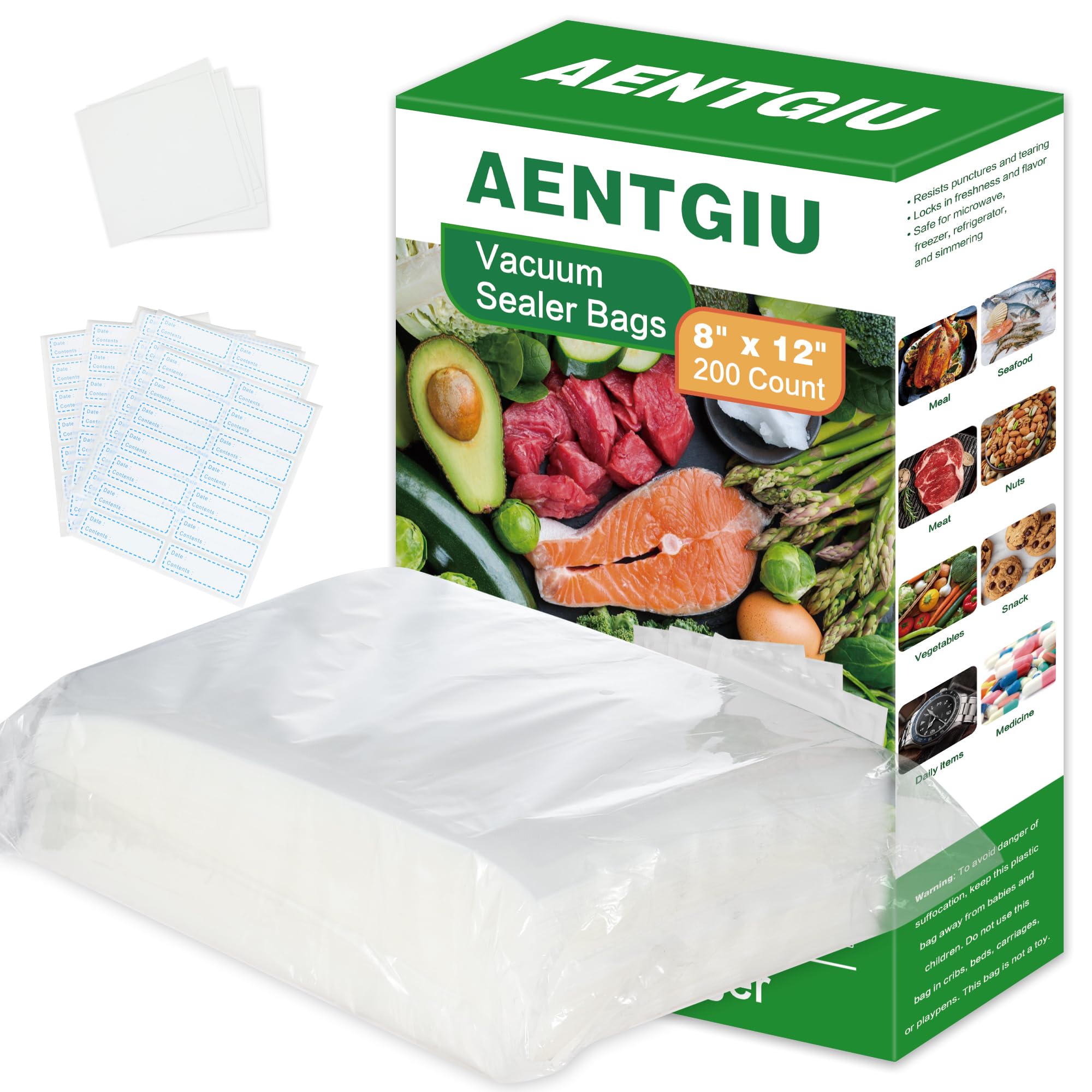 AENTGIU 200 vacuum sealer bags packaging 8x12 inches keeps foods fresh longer.