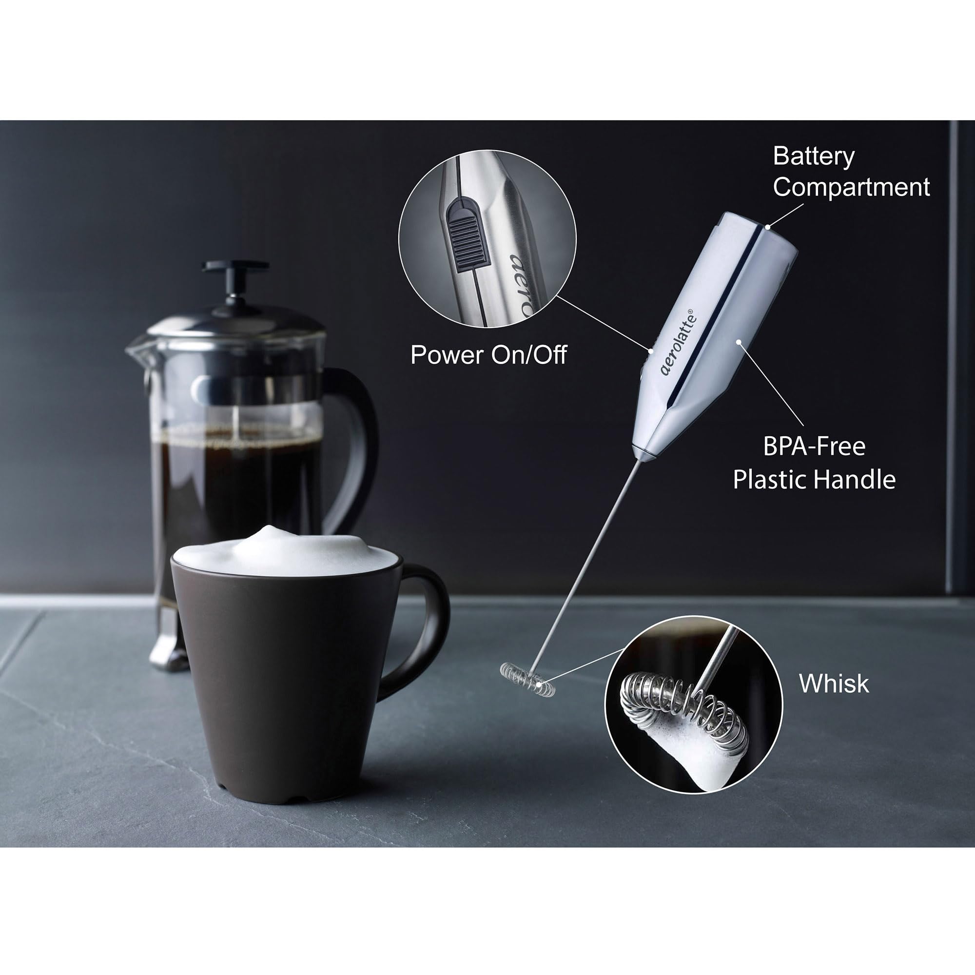 Aerolatte BPA-free plastic housing for safe, easy cleaning and use.