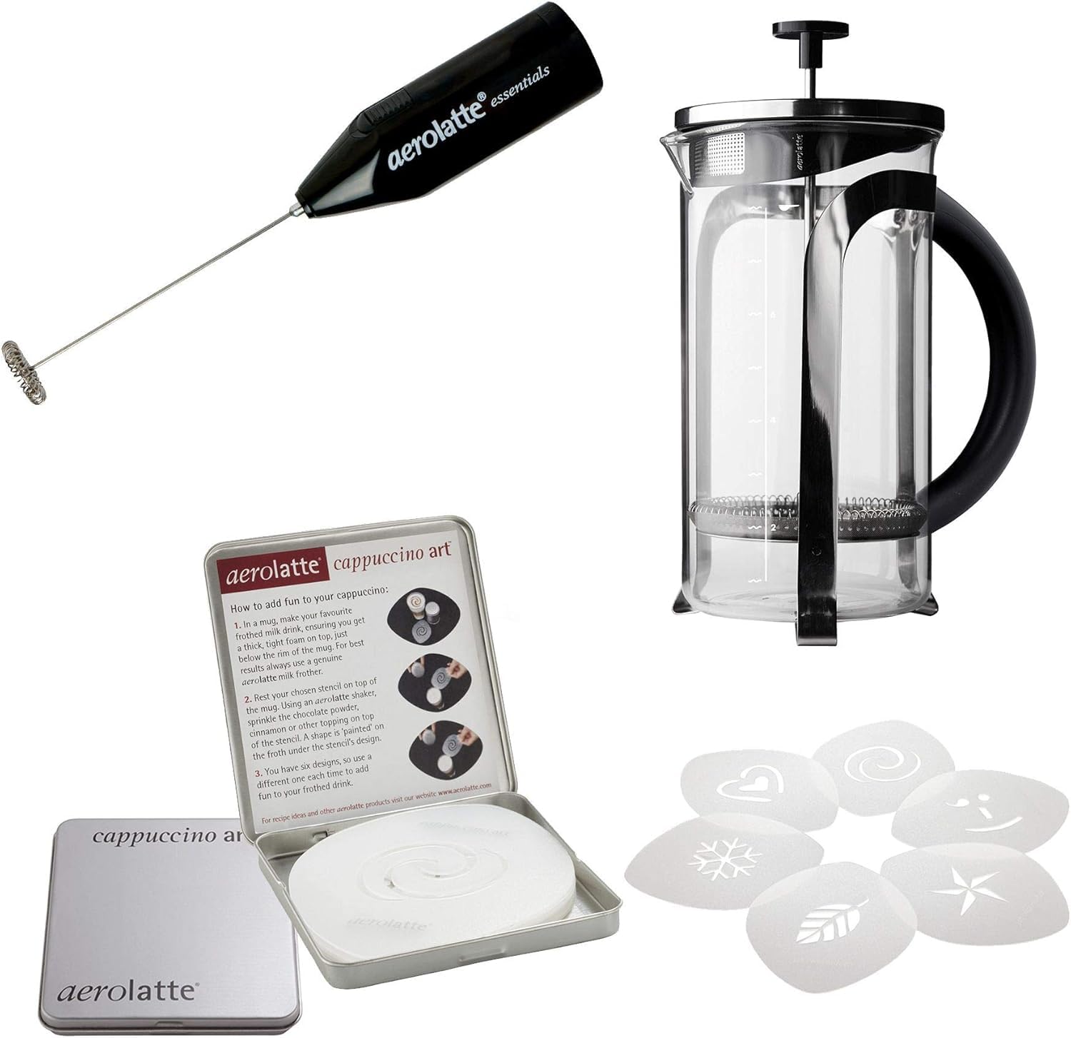 Compact Aerolatte Essentials frother shown as a handheld device beside a mug.
