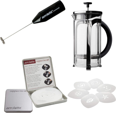 Compact Aerolatte Essentials frother shown as a handheld device beside a mug.