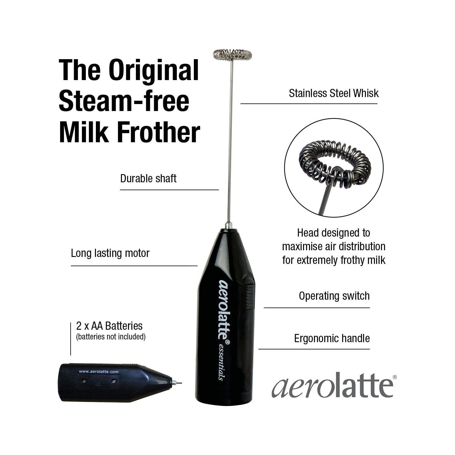 Aerolatte frother in action blending milk into creamy foam for a cappuccino.