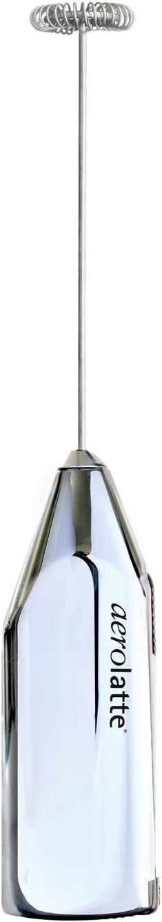 Aerolatte steam-free milk frother with polished chrome finish for quick, quiet foam.