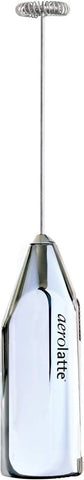 Aerolatte steam-free milk frother with polished chrome finish for quick, quiet foam.