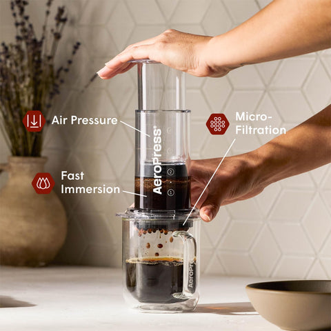 AeroPress 3-in-1 brew method on display, blending French press, pour-over, and espresso.