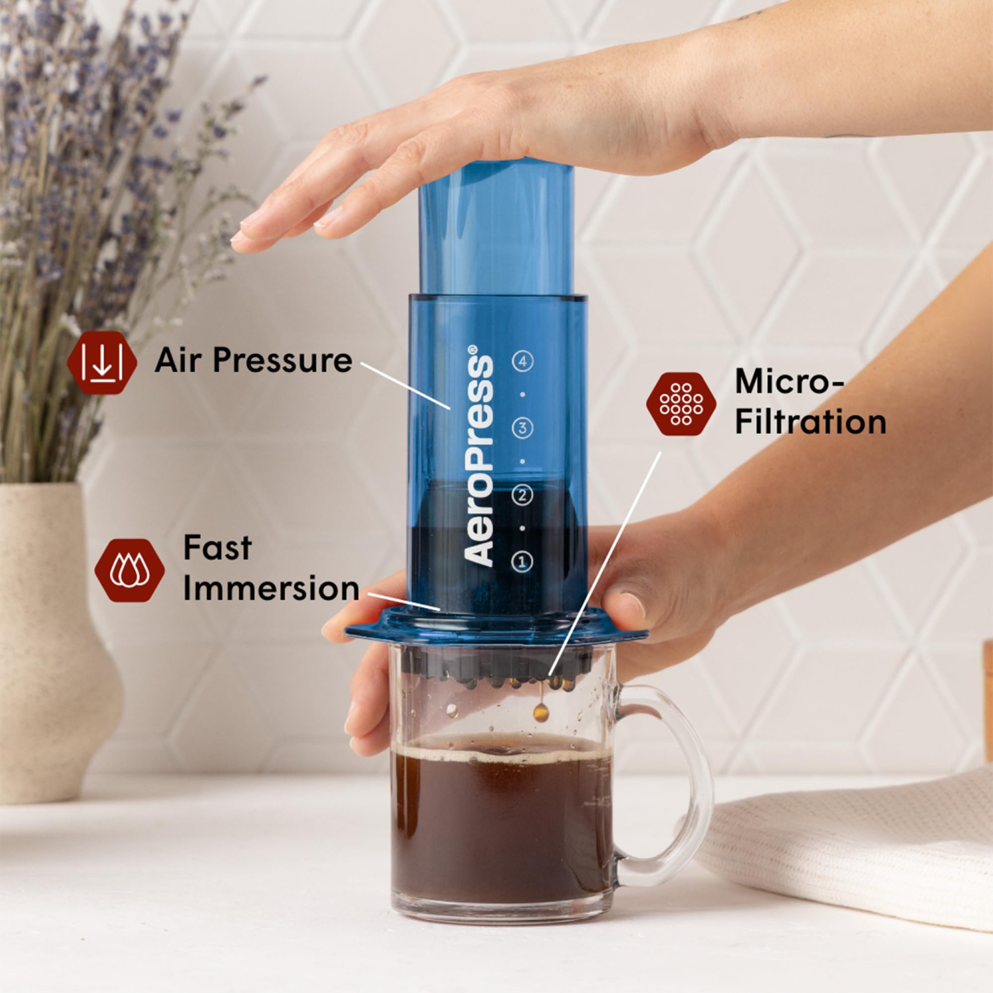AeroPress Clear Blue Brew View demonstrates 3-in-1 versatility for French press, pour-over and espresso.