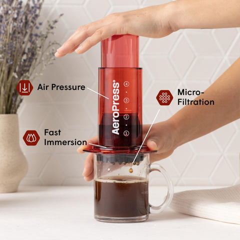 AeroPress Clear Red with visible brew chamber enables quick, full-bodied coffee