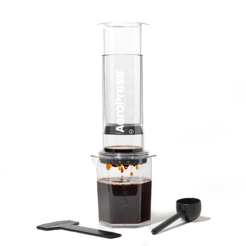 AeroPress Clear XL coffee press with 20 oz capacity for sharing on the go.