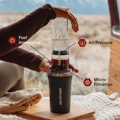 A compact AeroPress Go Plus tumbler with double-wall insulation.