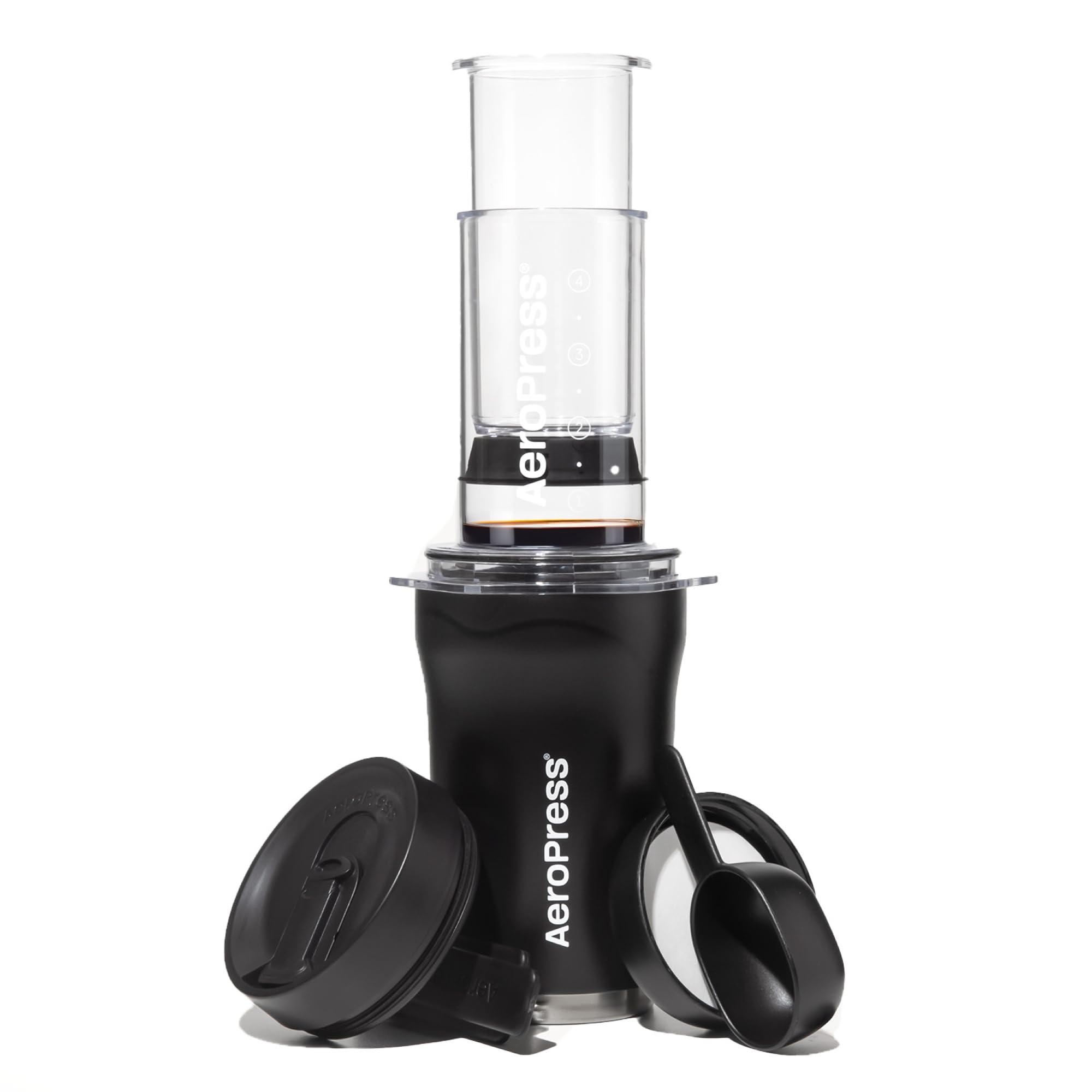 AeroPress Go Plus travel coffee press ready for on-the-go brewing.