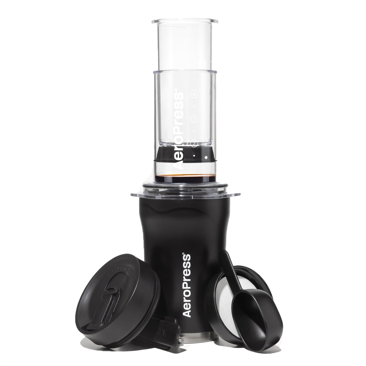 AeroPress Go Plus travel coffee press ready for on-the-go brewing.