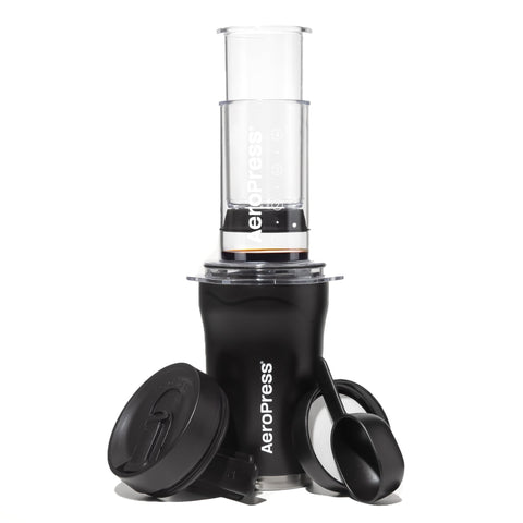 AeroPress Go Plus travel coffee press ready for on-the-go brewing.