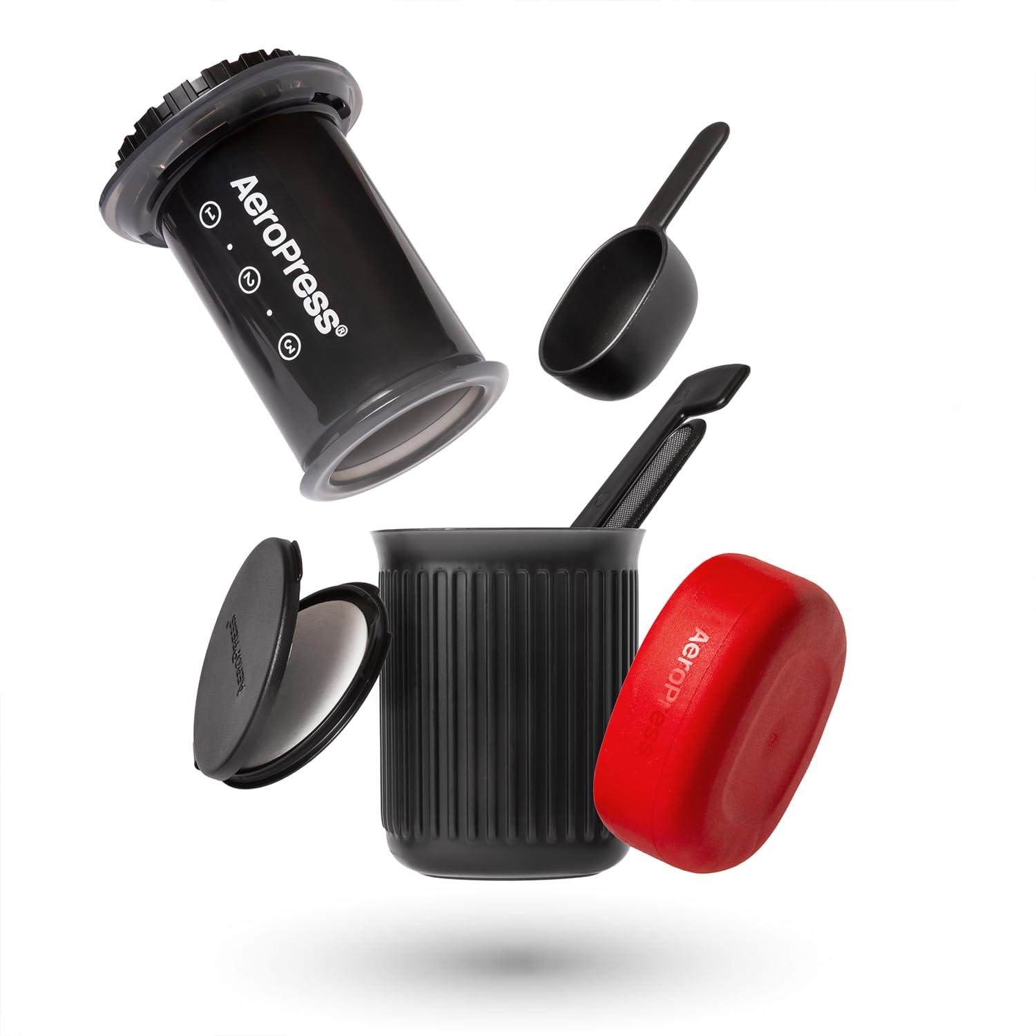 AeroPress Go portable mug with silicone lid doubles as a travel cup.