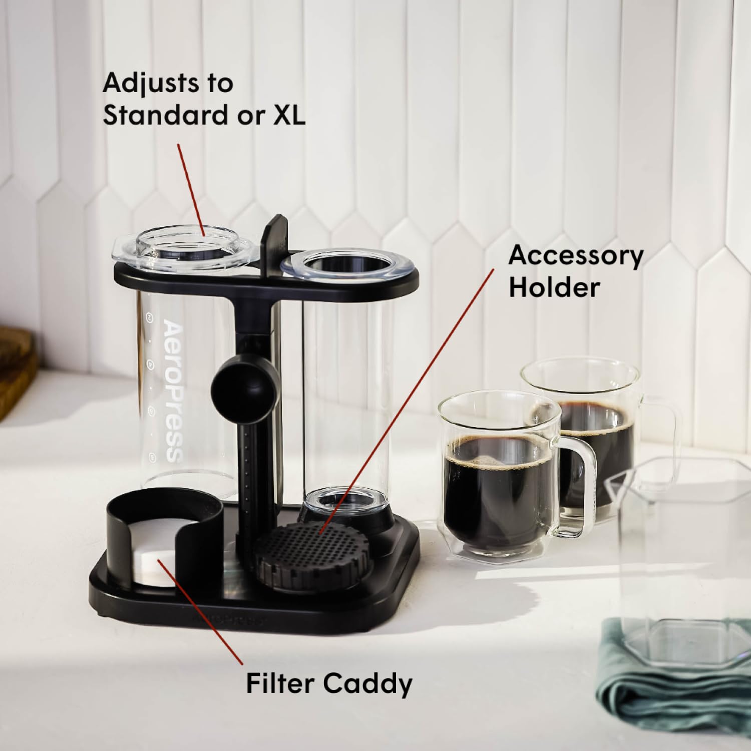 AeroPress Organizer Stand side view highlighting dedicated spots for filters and scoop
