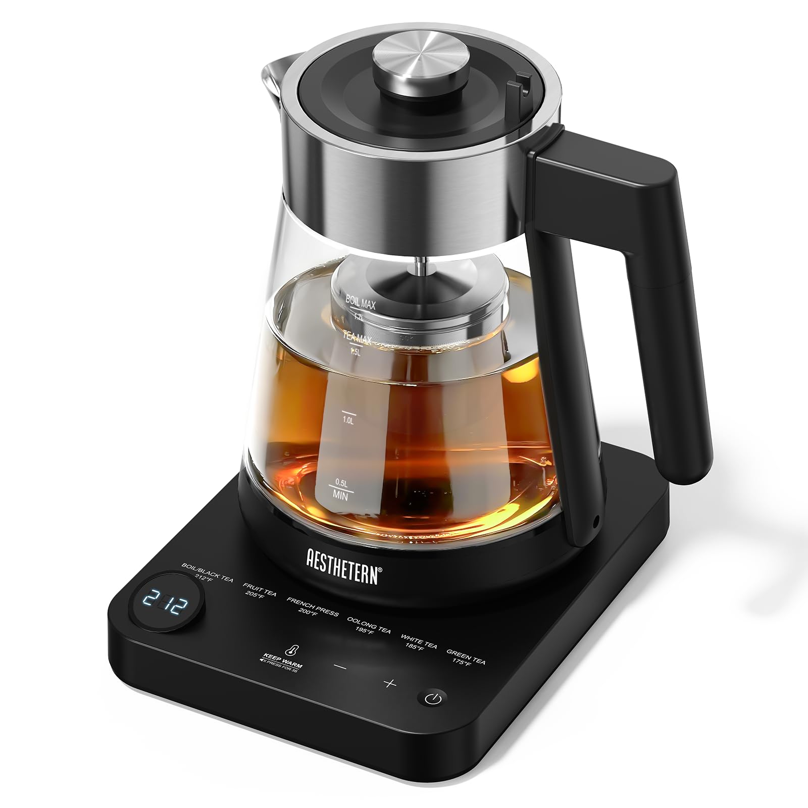 Aesthetern electric tea kettle glass top view showing 1.7L capacity for quick brews.