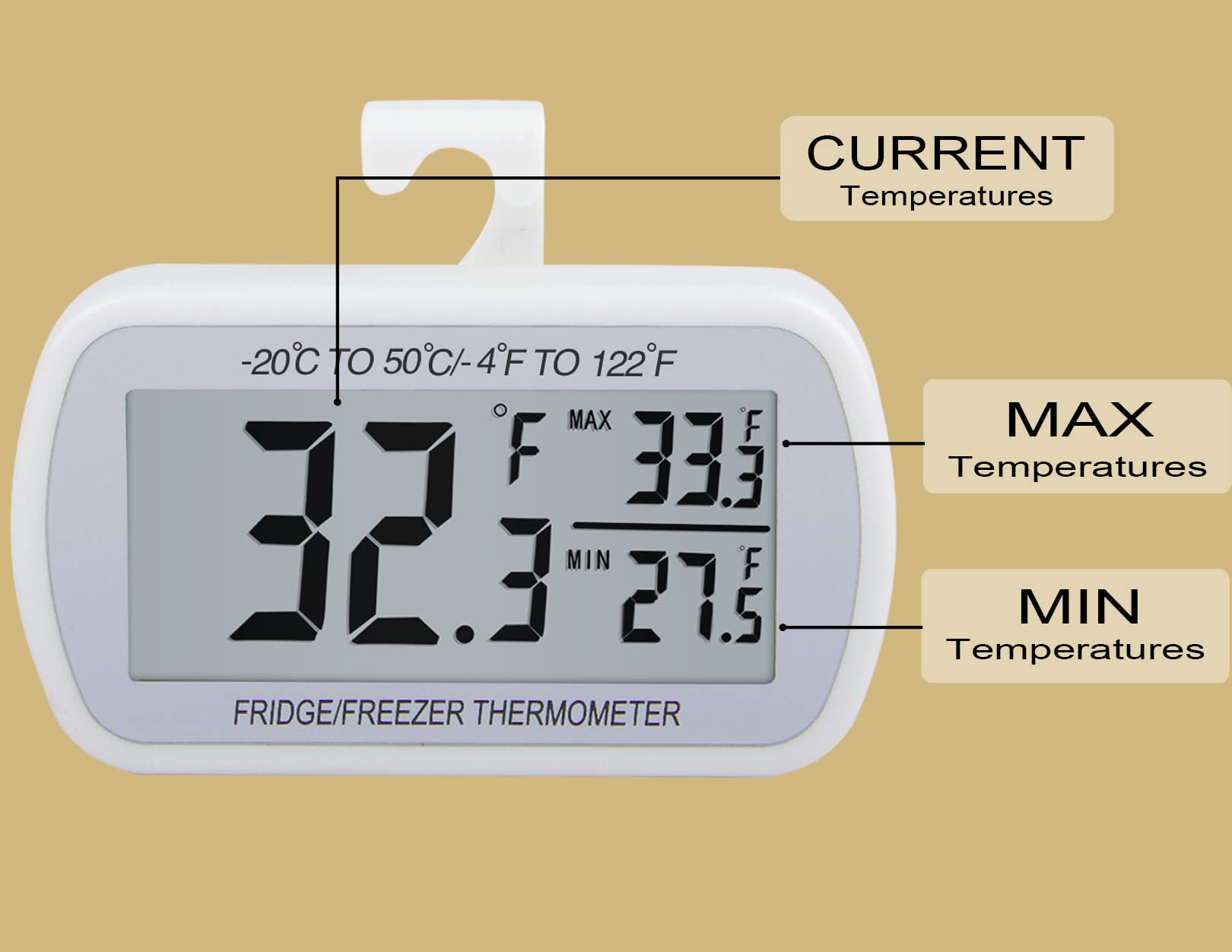 AEVETE freezer room thermometer with stand and hook for flexible installation.