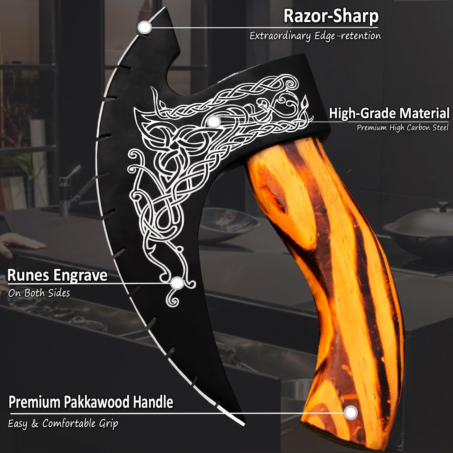 Afhzam pizza cutter axe on a kitchen countertop ready to use.