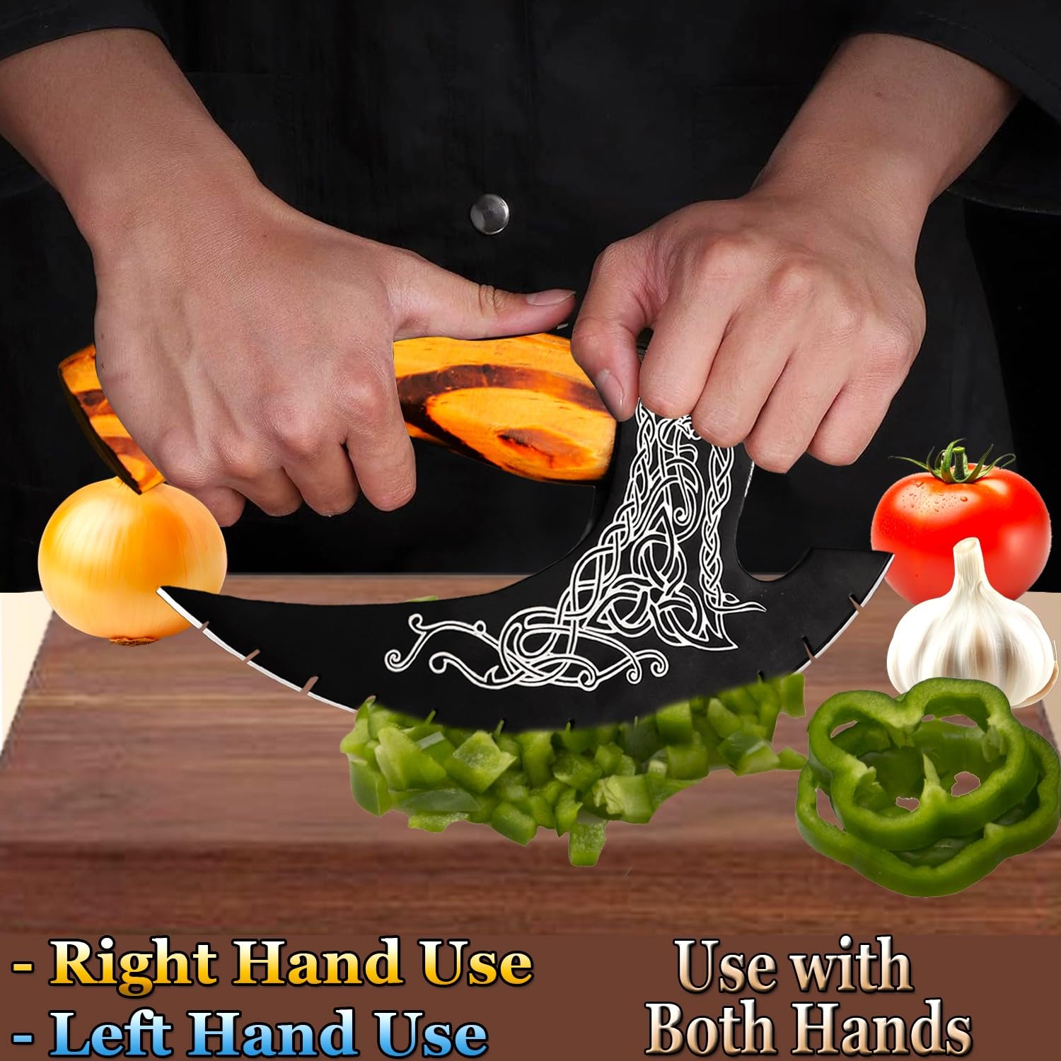 Engraved blade design on Afhzam pizza cutter axe with medieval style.