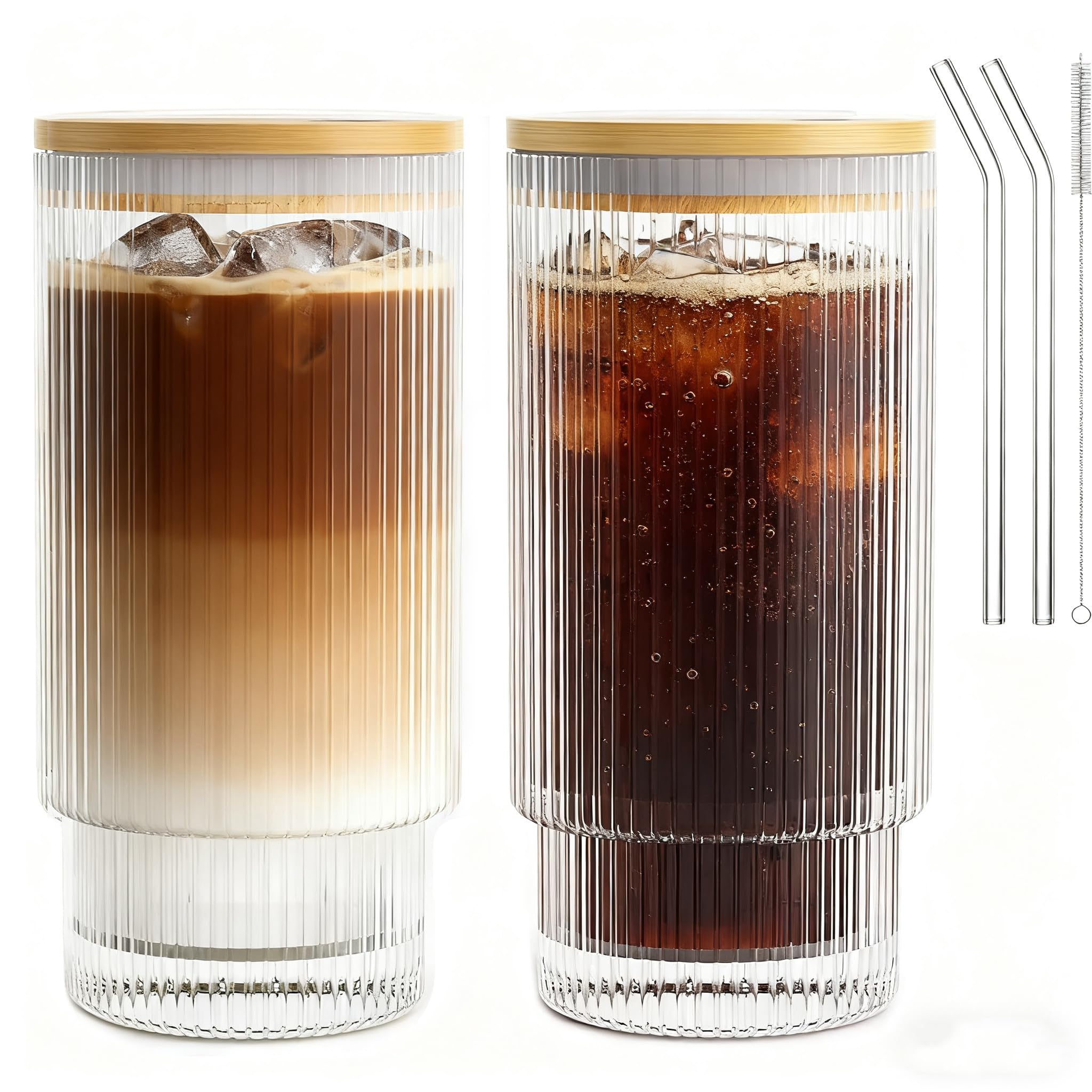 AFINSEA ribbed glass cup with lid and straw for refreshing iced coffee