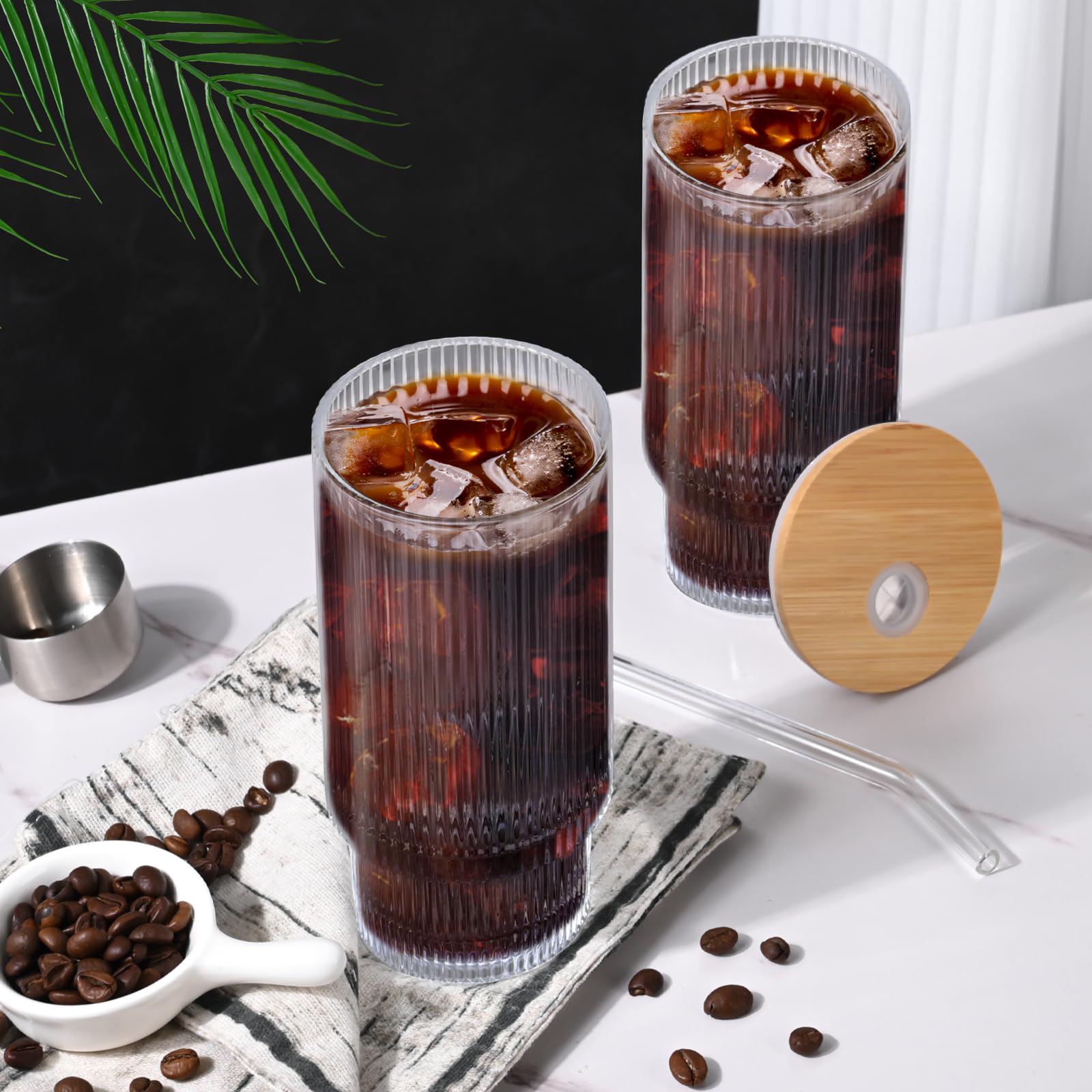 AFINSEA bamboo lids on ribbed glass cups for fresh beverages