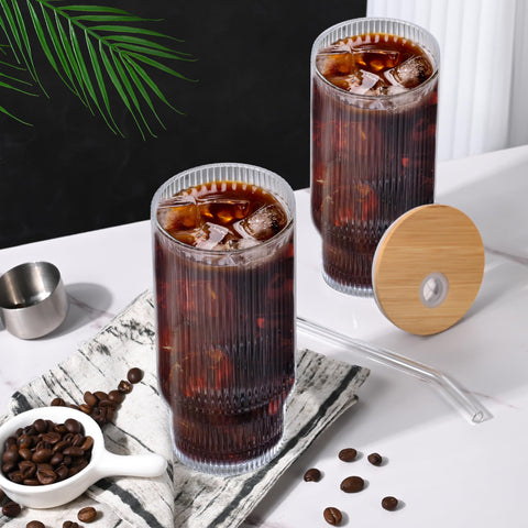 AFINSEA bamboo lids on ribbed glass cups for fresh beverages