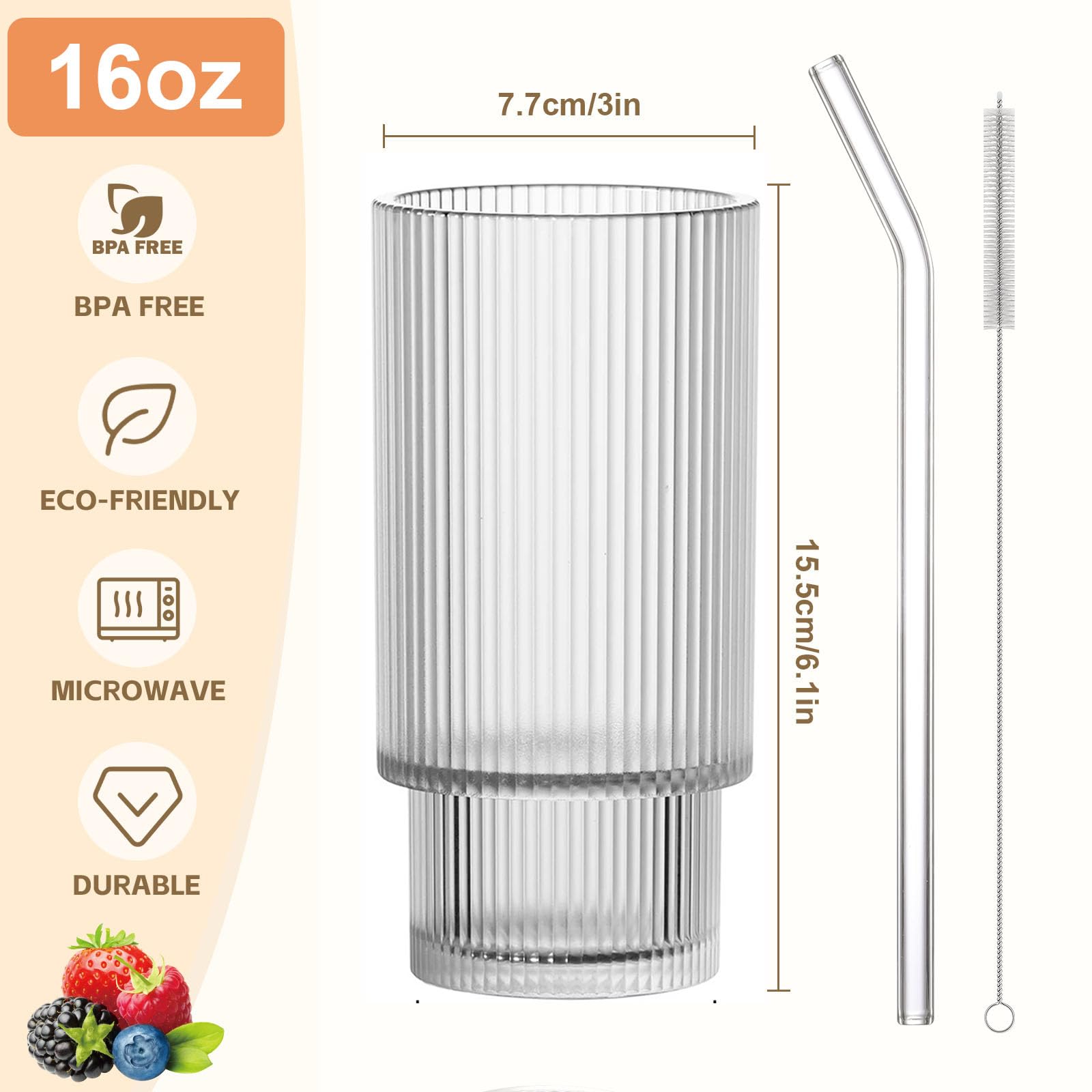 AFINSEA reusable glass straws with ribbed cups for cocktails
