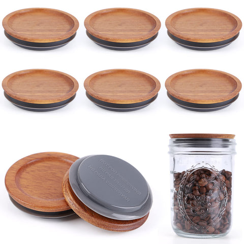 AFOROEOA 6-pack wide-mouth mason lids in acacia wood for reusable storage.