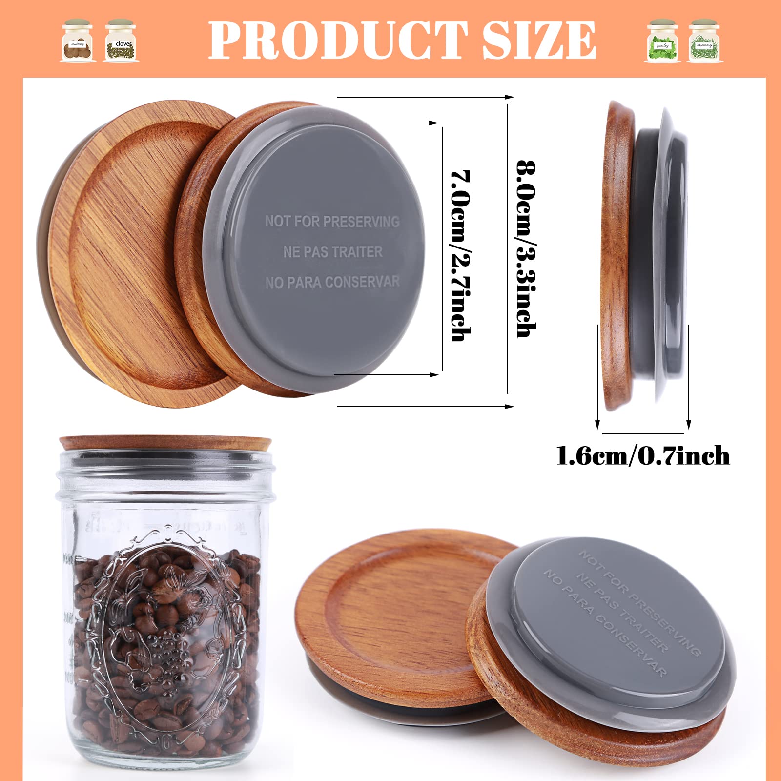 AFOROEOA acacia wood lids with silicone seal for airtight jar storage.