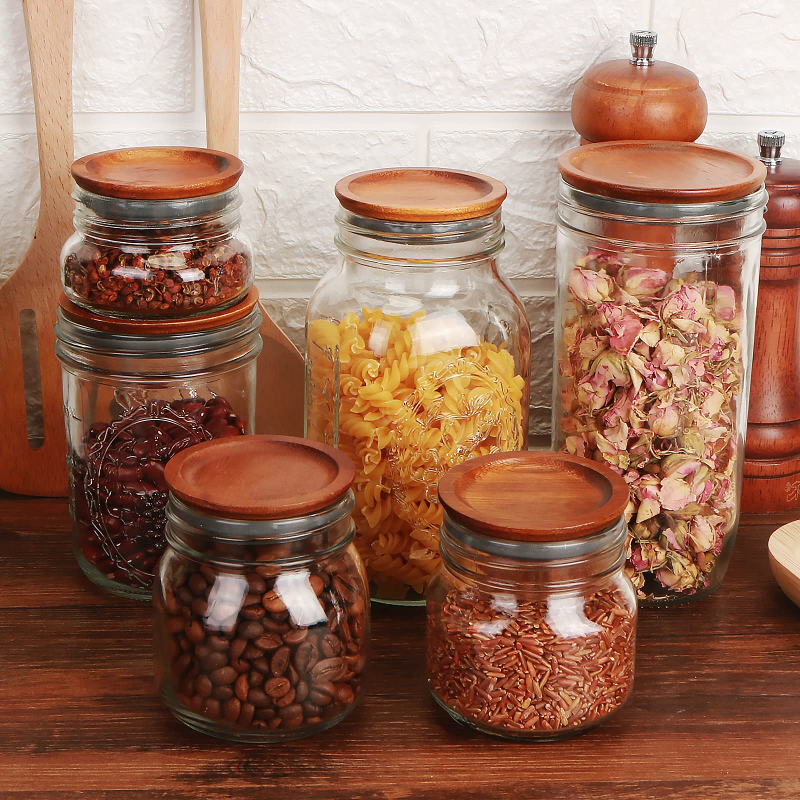 AFOROEOA stylish acacia lids organize kitchen jars and small items.