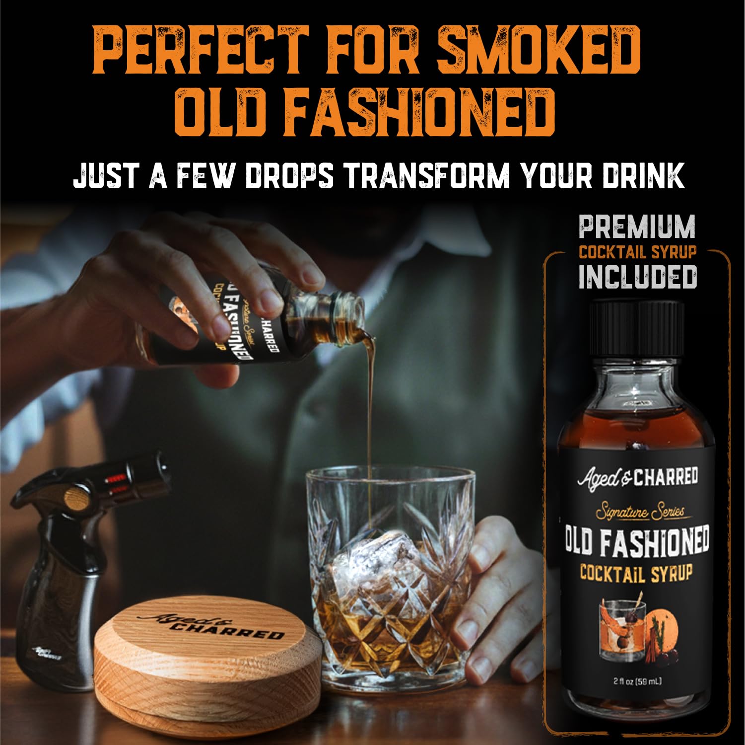 Aged & Charred hickory wood chips for bold smoky depth in drinks