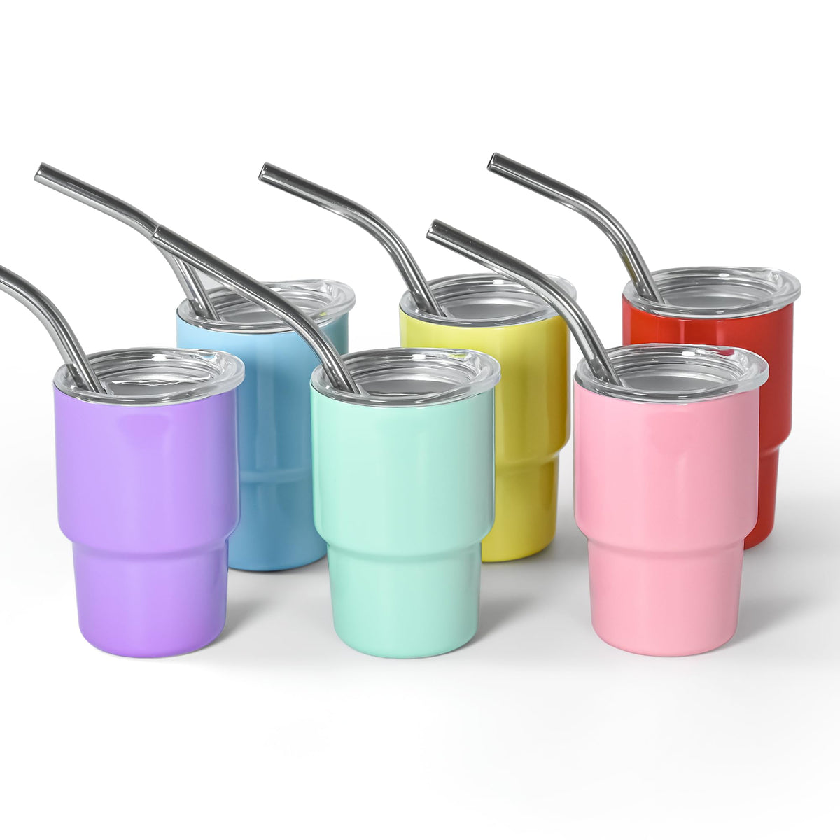 AGH mini tumbler shot glass front view with straw and lid for portable sipping.