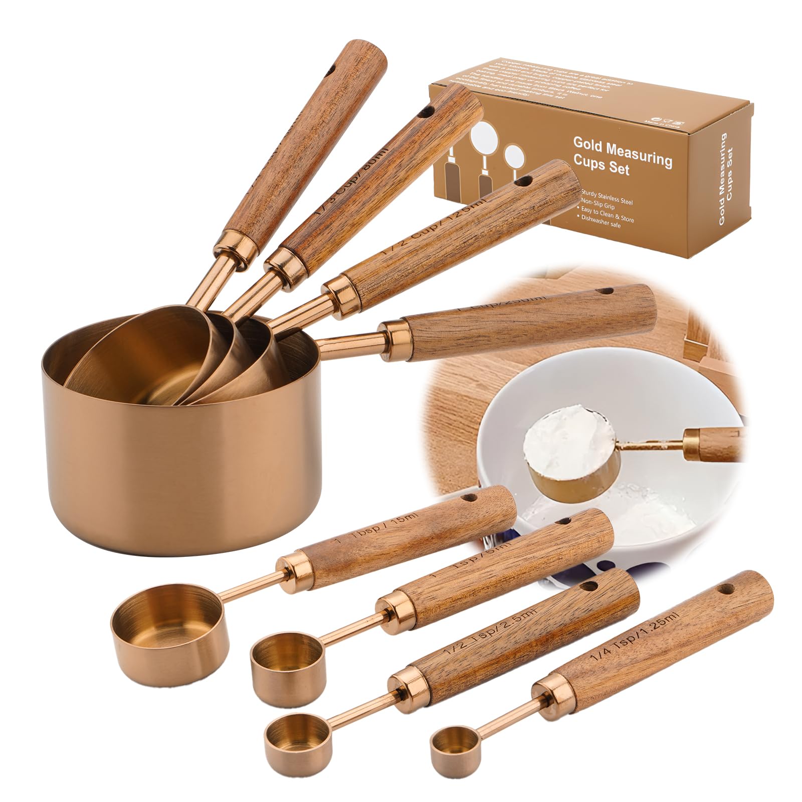 AGIgear measuring cups and spoons set with wood handles in polished finish for precise baking