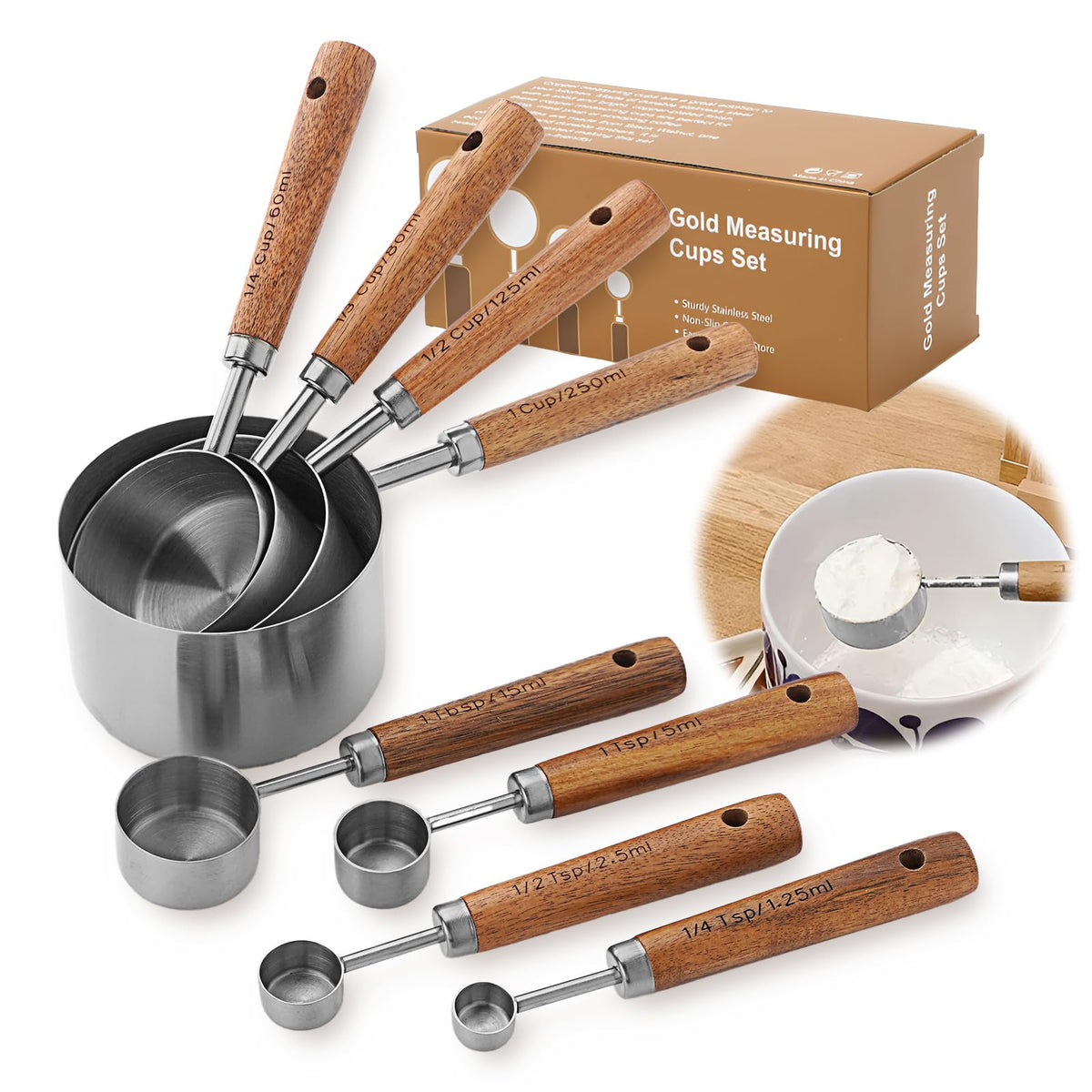 AGIgear measuring cups and spoons with wood handles for ergonomic use