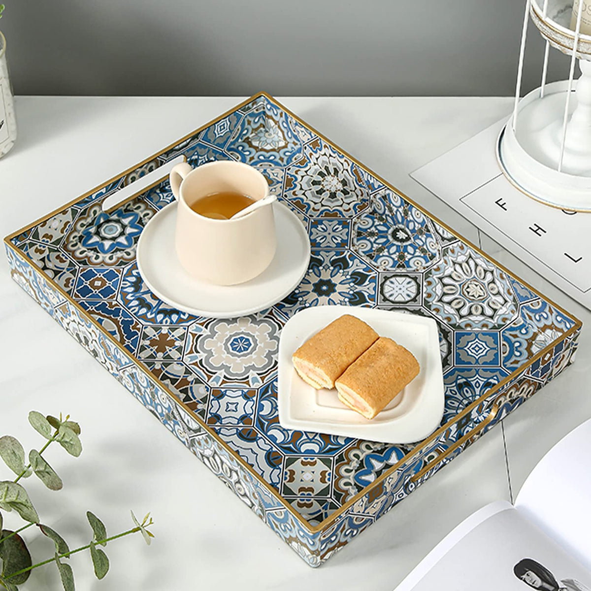 AGIOTA Boho coffee table tray with handles for easy serving and stylish storage.