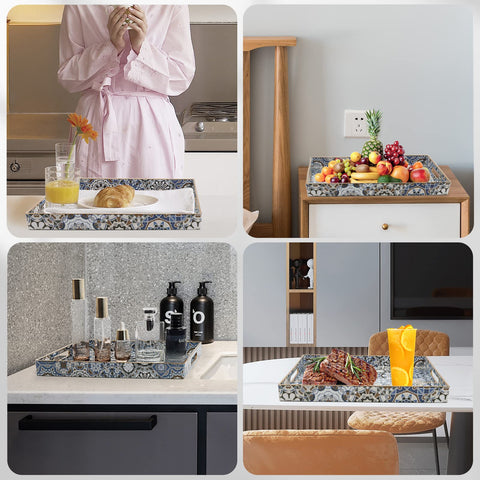 AGIOTA packaged blue serving trays with boxes included for gift-ready delivery.