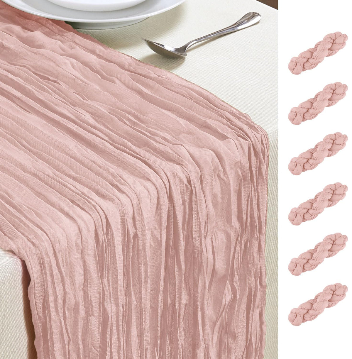 AGIRL 6-pack dusty pink cheesecloth table runner creates a romantic wedding backdrop.