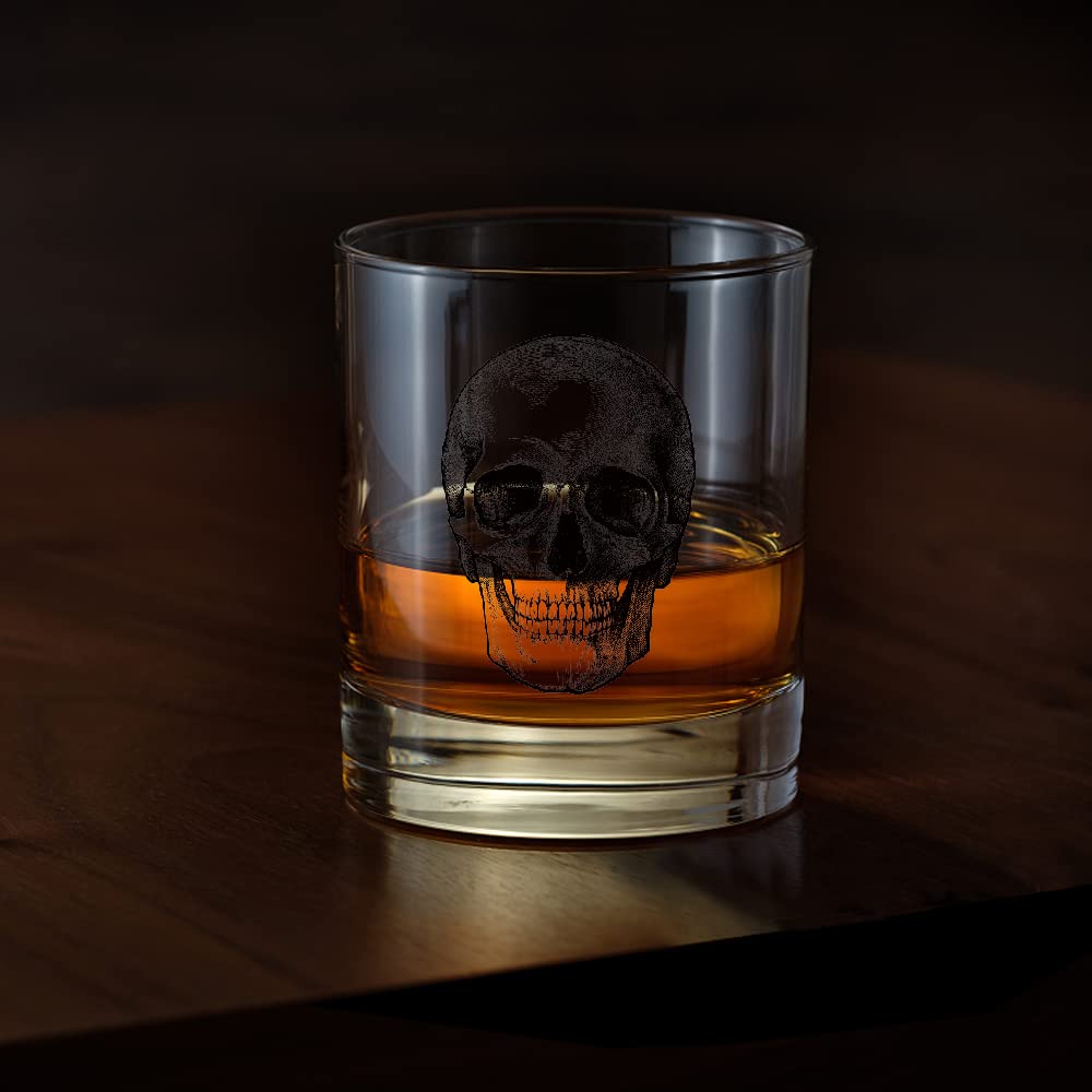 AGMDESIGN Skeleton Skull Whiskey Glass on a dramatic table setup