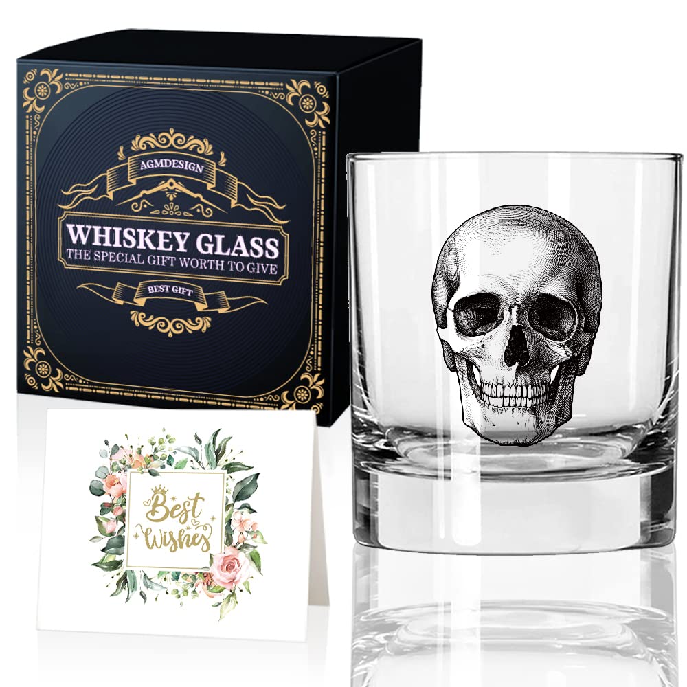 AGMDESIGN Skeleton Skull Whiskey Glass, front view, dramatic bourbon presentation