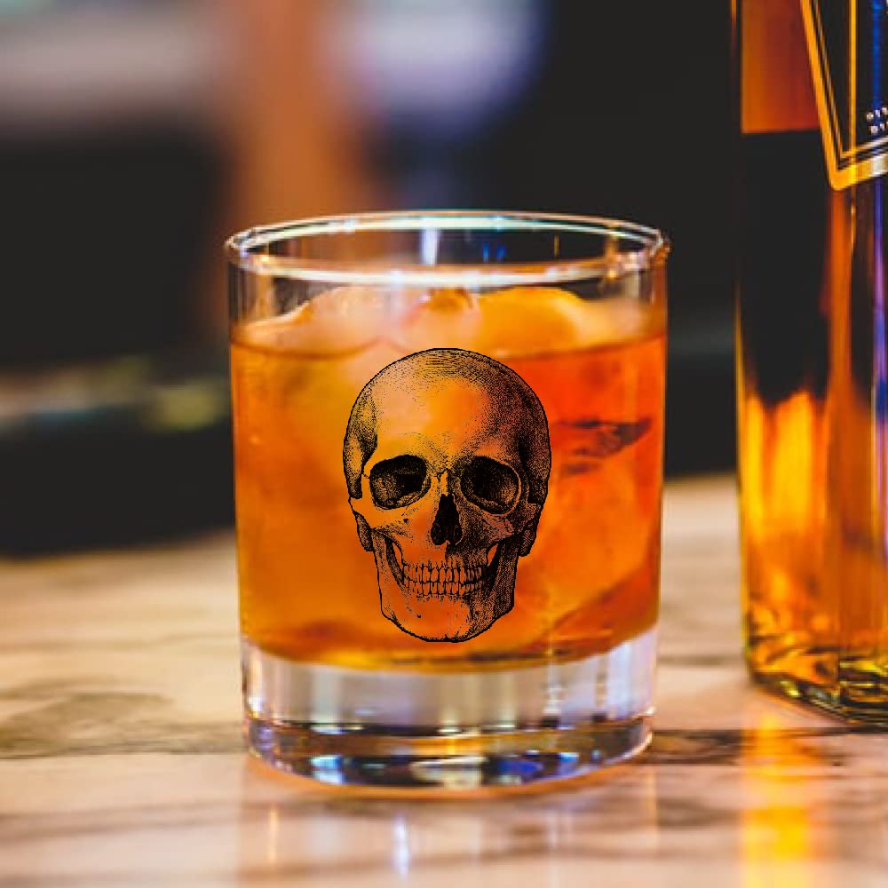 AGMDESIGN Skeleton Skull Whiskey Glass in a Halloween scene