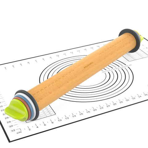 Aguegro rolling pin with adjustable rings for precise dough thickness.
